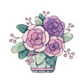 Flowers in a pot. Watercolor illustration for spring, Valentine`s Day.