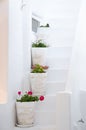 Flowers in pots on stairs in Paros or Parikia village, Cyclades islands, Greece Royalty Free Stock Photo