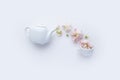 Flowers pouring out from teapot. cutie teapot and cup of flower tea