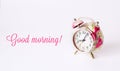 Flowers retro alarm clock on white background. Good morning. Space for text Royalty Free Stock Photo