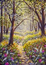 Flowers and road in sunny park forest alley oil painting illustration Royalty Free Stock Photo