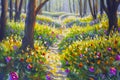 Flowers and road in sunny park forest alley oil painting illustration of nature. Royalty Free Stock Photo