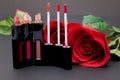 Flowers rose,Powder and lipstick brush uses lips on black backg