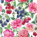 flowers of roses and berries of raspberry, blackberry. Floral seamless patterns, watercolor illustration