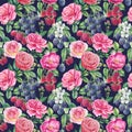 flowers of roses and berries of raspberry, blackberry. Floral seamless patterns, watercolor illustration