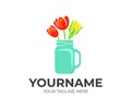 Flowers, roses and tulips in a mason jar, logo design. Floral, floristry and floristic, vector design Royalty Free Stock Photo