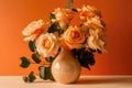 Flowers Roses In Vase On Pale Orange Color Background. Generative AI