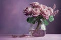 Flowers Roses In Vase On Pale Purple Color Background Copy Space. Generative AI Royalty Free Stock Photo