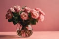 Flowers Roses In Vase On Pink Background Copy Space. Generative AI Royalty Free Stock Photo