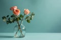 Flowers Roses In Vase On Soft Aqua Color Background Copy Space. Generative AI
