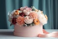 Flowers in round luxury present box. Bouquet of peonies and roses in paper box. Mock-up of hat box of flowers. AI generated image