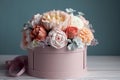 Flowers in round luxury present box. Bouquet of peonies and roses in paper box. Mock-up of hat box of flowers. AI generated image