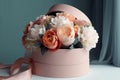 Flowers in round luxury present box. Bouquet of peonies and roses in paper box. Mock-up of hat box of flowers. AI generated image