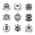 Flowers, Royal symbols, floral and crowns, emblems set. Heraldi