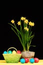 Flowers in sackcloth pot on yellow table by Easter eggs. Royalty Free Stock Photo