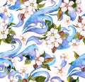 Flowers sakura, cherry, apple tree and decorative ornament. Watercolour seamless floral pattern.