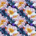 Flowers seamless pattern design. Floral nature decorative background. Digital painting raster bitmap illustration. Royalty Free Stock Photo