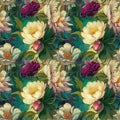 Flowers seamless pattern design. Floral nature decorative background. Digital painting raster bitmap illustration. Royalty Free Stock Photo
