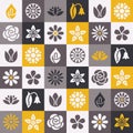 Flowers seamless pattern with flat glyph icons. Floral background beautiful garden plants chamomile, sunflower, rose Royalty Free Stock Photo