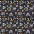 Flowers seamless pattern with flat line icons. Floral background beautiful garden plants chamomile, sunflower, rose Royalty Free Stock Photo