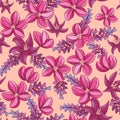 Bright flowers on a light background. Floral seamless pattern. Red, purple flowers with leaves