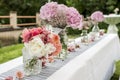 Flowers settings decoration outdoor setup for wedding with pink colored flower Royalty Free Stock Photo