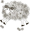 Flowers sheep, coloring page anti-stress