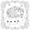 Flowers sheep in frame monochrome sketch, coloring page anti-stress stok vector illustration for print