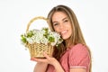 Flowers shop. Natural fragrance. Girl carry flowers in basket. Floral shop. Florist career. Delivering bloom. Arrange