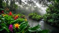 Flowers in spring tropical rainforest, fog in a wet forest, plant growth and environmental protection concept, wild jungle,