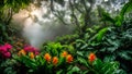 Flowers in spring tropical rainforest, fog in a wet forest, plant growth and environmental protection concept, wild jungle,