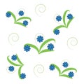 Flowers on stems, seamless structure. green curls and leaves, blue buds on a white background