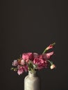 Flowers Still life. Beautiful pink flowers in vase in light on moody grey background. Stylish artistic composition of snapdragon, Royalty Free Stock Photo