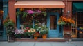 Flowers on the street in front of a flower shop in an old European town. Blurred background. Abstract flowers. Royalty Free Stock Photo