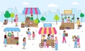 Flowers street market with people selling and shopping plants and flowers at florists on street, cartoon line vector