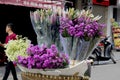 Flowers in a street vendors bike baskets Royalty Free Stock Photo