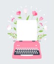 Flowers Styles Typewriter with Blank Sheet of Paper. Spring Event, Womans Day or Mothers Day Card or Poster. Vector