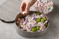 Flowers and sweets in cartoon box - how to make adorable gift, s Royalty Free Stock Photo