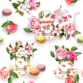 Flowers, tea cup, cakes, macaroons, pot. Watercolor. Seamless background Royalty Free Stock Photo