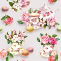 Flowers, tea cup, cakes, macaroons, pot. Watercolor. Seamless background Royalty Free Stock Photo