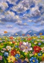 Landscape flower meadow oil painting Royalty Free Stock Photo