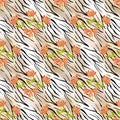 Flowers on tiger wild skin leather seamless pattern