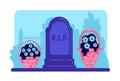 Flowers and tombstone flat color vector illustration