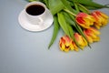 Flowers tulips with white coffee Cup on blue background