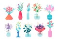 Flowers in vase. Flora bouquet in pottery pitcher, bunch of lilies, blooming spring flowers in decorative vase. Vector