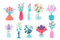 Flowers in vase. Flora bouquet in pottery pitcher, bunch of lilies, blooming spring flowers in decorative vase. Vector isolated