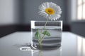 Flowers in a vase with water inside, white table top with a light gray wall in the background