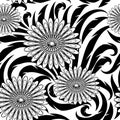 Flowers vector seamless pattern. Black and white floral beautiful background wallpaper with abstract flowers, leaves and hand Royalty Free Stock Photo