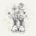 Flowers in vintage boot. Sketch shoe of hipster with wild hand drawn garden. Retro adventure and walk. Blooming plants