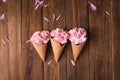 Flowers in a waffle cone. Pink carnations. Flowers on a wooden background. Royalty Free Stock Photo
